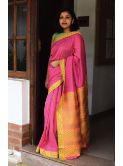 Pink, Handwoven Organic Cotton, Textured Weave , Jacquard, Work Wear, Striped Saree